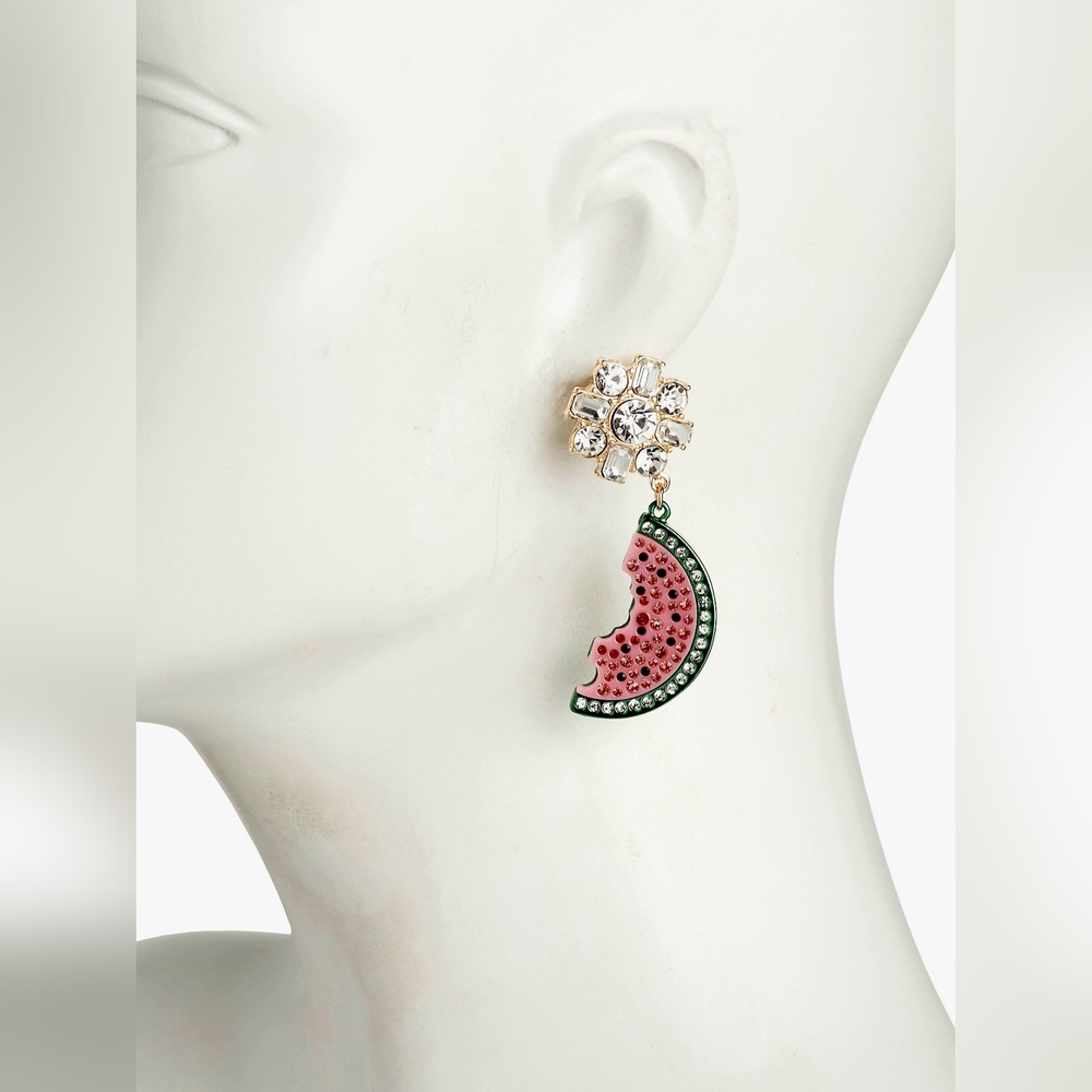 NEW Betsey Johnson Backyard Watermelon  Green & Pink Crystal Earrings 2.75" Long - Picture 4 of 4